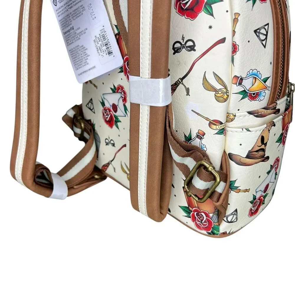 NEW Loungefly Harry Potter Tattoo Art Cream Double Strap Shoulder Backpack